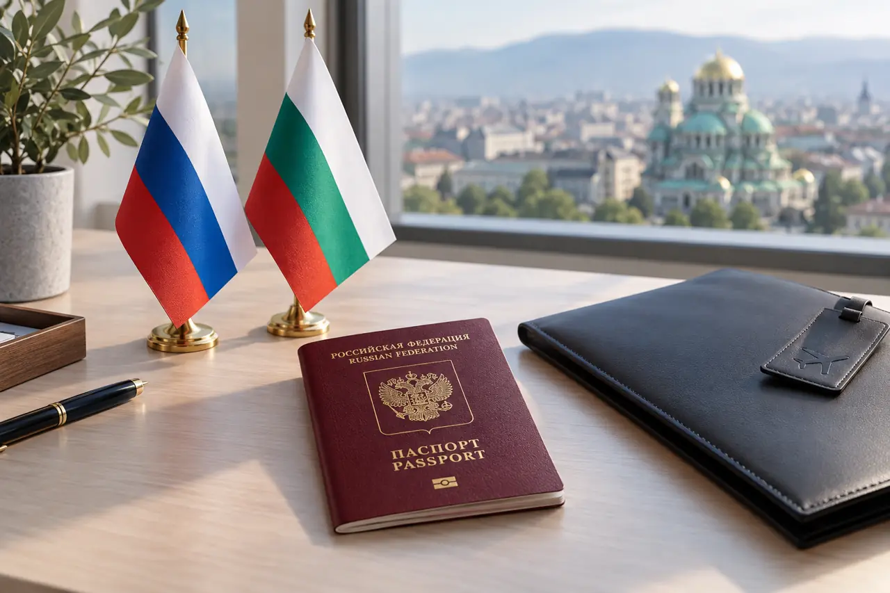 Закрытый российский загранпаспорт и флаги России и Болгарии на столе