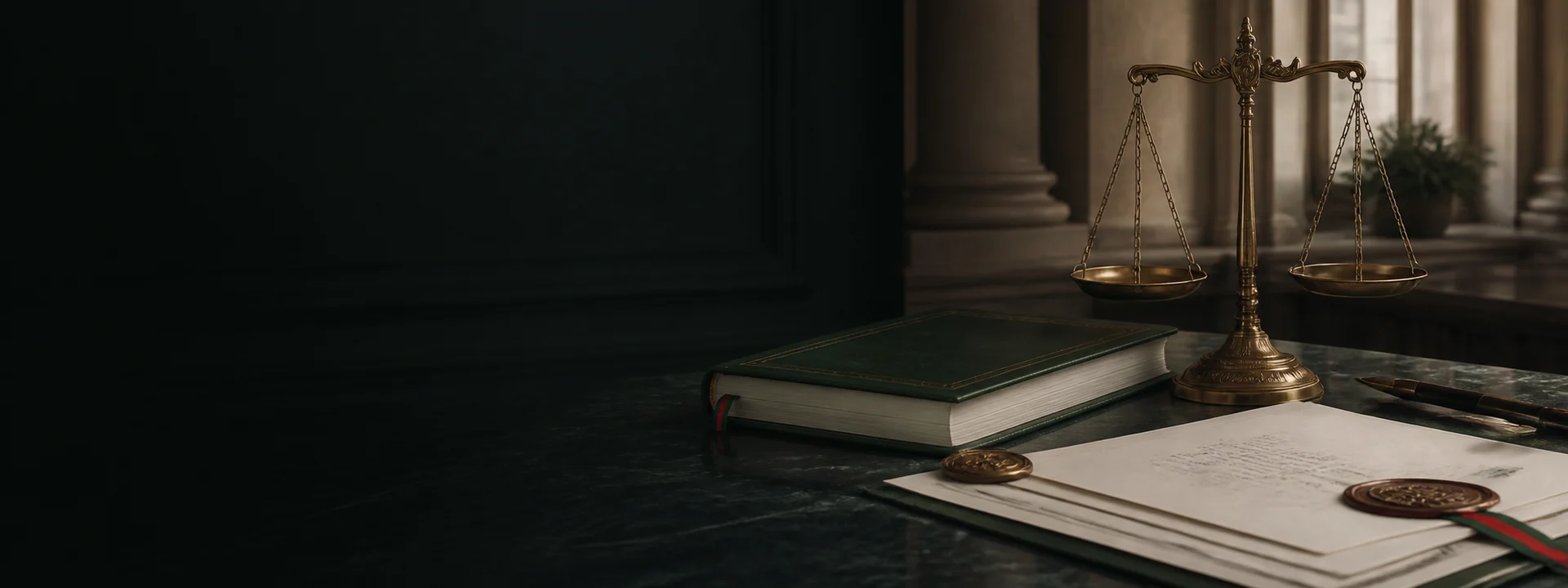 Весы правосудия, реестровая книга и документы с печатями